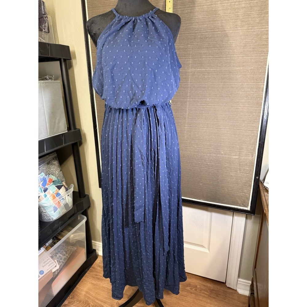 Pretty Garden Navy Blue Maxi Dress Medium halter Swiss Dot Blouson.